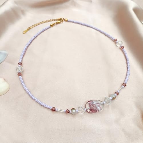 Beaded Necklaces for Women Summer Beach Beaded Necklace Bead Choker Boho Necklaces for Women Handmade Summer Jewelry Stainless Steel 18K Gold Plated - color: Purple