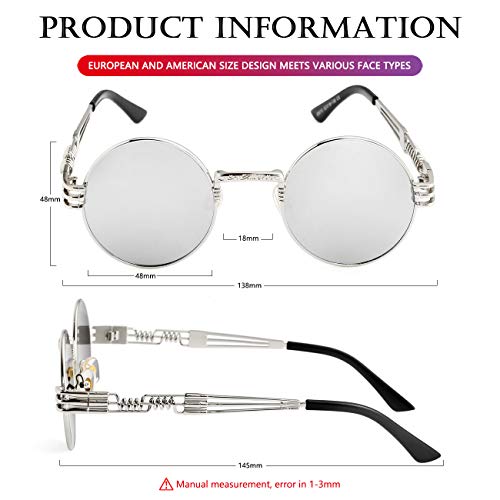 AIEYEZO Round Steampunk Sunglasses for Men Women Retro Circle Hippie Glasses Metal Frame 100% UV Blocking Lens - color: Silver/Silver Mirror