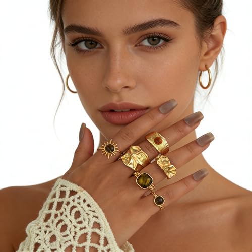 Chunky Gold Rings Set for Women Stackable Statement Ring Sets Non Tarnish Adjustable Open Knuckle Rings Irregular Gold Jewelry Set Trendy Prom Outfits Accessories - color: gold2