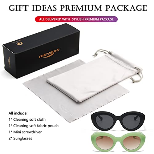 AIEYEZO Oversized Cat Eye Sunglasses for Women Cute Oval Thick Frame Cateye Sun Glasses Chic Retro Style Shades - color: 2 Set (Black + Green)