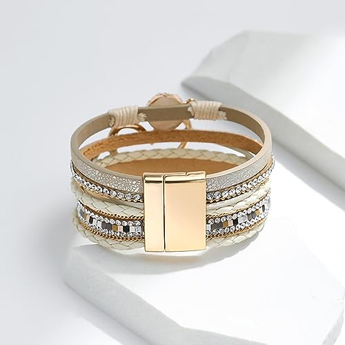 Fesciory Leopard Bracelet for Women, Boho Leather Wrap Multi-Layer Pearl Crystal Bracelet Bangle Jewelry - style: Heart Leather(Khaki)