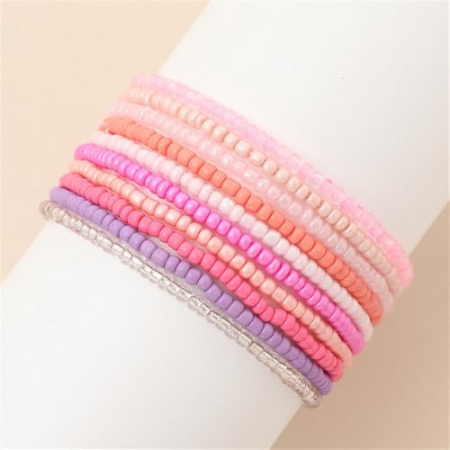 Boho Stackable Rice Beaded Bracelet Set for Women 8-10Pcs Colorful Handmade Multilayered Crystal Beads Bracelets Summer Beach Bohemian Jewelry Gift - color: A Pink