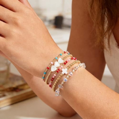 Dainty Gold Plated Pearl Crystal Beaded Bracelets Set for Women 14K Gold Plated Bead Pearl Beads Bracelet Stackable Paperclip Link Chain Bracelets Gold Plated Bracelets for Women Trendy Jewelry - color: Style4-gold bracelets set4
