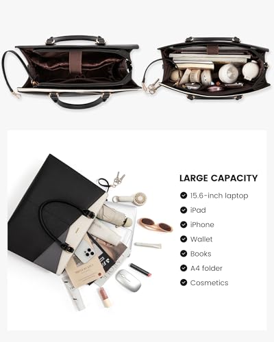 LOVEVOOK Laptop Tote Bag for Women, Leather Business Office Work Bag Computer Briefcase with Small Clutch fit for 15.6 Inch Laptop,Brown-Beige-Apricot