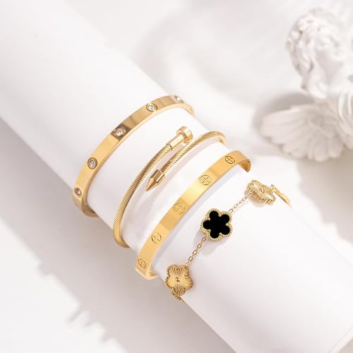 Womens Stackable Floral Gold Bracelets - 4Pcs 18K Gold Plated Bracelet,Stainless Steel Bangle Bracelets Non Tarnish, Gold Bracelet Set Trendy Jewelry,Christmas Valentines Birthday Gifts for Girlfriend - color: Bracelets Stack 4Sets (Floral Black+Gold Brac