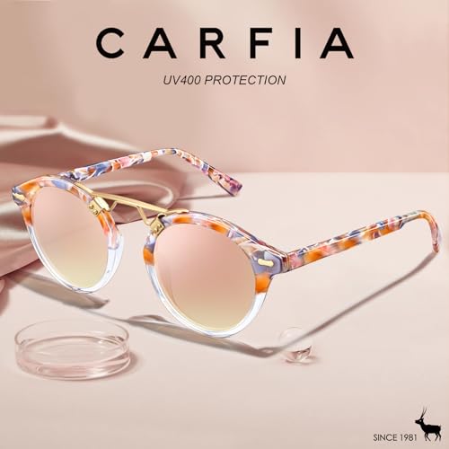 CARFIA Double Bridge Small Acetate Sunglasses for Women Polarized, Retro Metal Brow Ladies Sunnies Fashion Round Eyewears - color: 6. Pink White Tortoise Frame Pink Mirrored