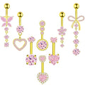 BSJ4U 8Pcs Gold Pink Silver Belly Button Ring Dangle Navel Belly Piercing Jewelry Cute CZ Butterfly Heart Flower Bow Navel Belly Rings for Women 14G Hypoallergenic Surgical Stainless Steel Dainty Dangling Dangly Belly Button Piercing Pack - color: Gold Pi
