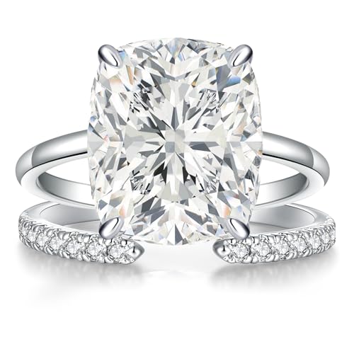 AVECON 3CT/5CT Elongated Cushion Cut Engagement Ring Set for Women, Wedding Promise Cubic Zirconia Band, 14K Gold/White Gold Plated Stackable Adjustable Bridal Half Eternity Open Rings, Size 5-9 - color: Silver-3CT