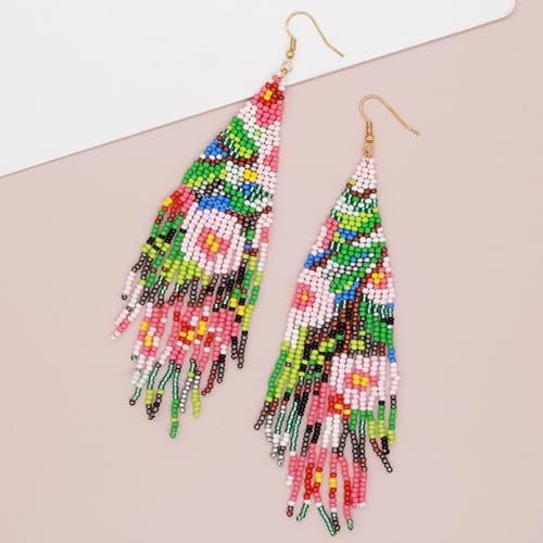 Bohemian Beaded Long Tassel Dangle Earrings for Women, Handmade Jewelry White Tarnish Resistant Lightweight Design, Stylish Accessory for Beach Vacation Party and Gift - color: colors-1