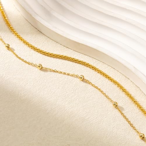 Tewiky Sterling Silver Plated Ankle Bracelets for Women,Dainty Layered Waterproof Anklet for Women Adjustable Sparkly Herringbone Beaded Rope Chain Set Stackable Cute Summer Beach Jewelry Gift - color: gold2
