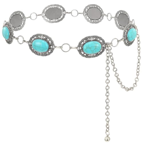 XZQTIVE Women Boho Chain Belts For Dresses Jeans Western Cowgirl Waist Links Belt Adjustable Metal Concho Belt - color: Green Turquoise Silver(gemstone), size: Fit Waist up to 56 In