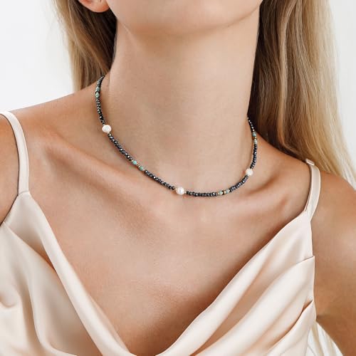 Turquoise Choker Necklace for Women, Western Crystal Bead & Pearl Necklace with Adjustable Chain Natural Stone Energy Jewelry, Boho Beaded Choker for Gifts - color: Turq Beads Pearl