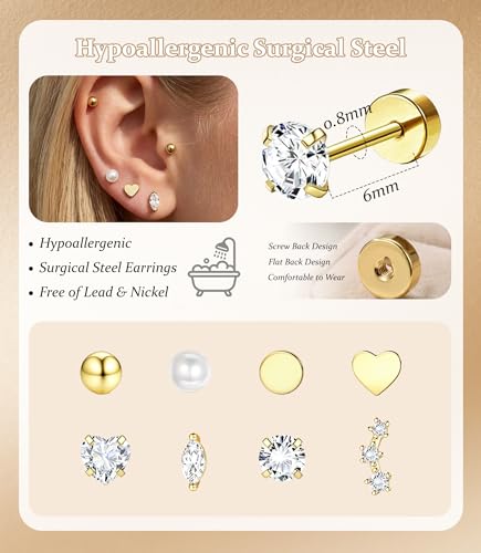 Incaton Hypoallergenic Flat Back Earrings for Women Silver 14K Gold Plated Surgical Stainless Steel Stud Earrings Cubic Zirconia Cartilage Studs Earrings For Multiple Piercing Sensitive Ears - color: 5-GOLD