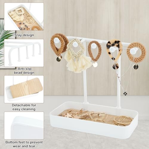 Jewelry Organizer Stand, Necklace Holder with Wooden Tray 5 Storage Hooks, Earring Holder with 5 Pcs Jewelry Bags for Bracelet,Chains,Rings,Earrings,Keys Watches,Necklaces (White) - color: White