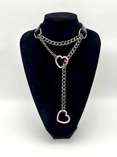 Black Leather Choker Collar For Women, Handmade Heart Slip Chain Choker Long Necklace with Adjustable Buckle - color: B-Black-Black-Pink, size: 18''chain