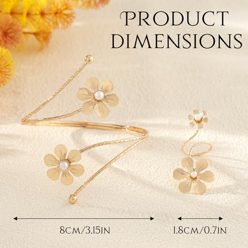 Gold Arm Cuff with Ring, 2 Pcs Open Upper Arm Bracelet and Ring with Rhinestones, Adjustable Metal Armband Jewelry Set - color: Flower