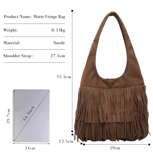 CORIOS Women Suede Handbag Vintage Fringe Hobo Bag Shoulder Bag with Tassel Hippie Western Purse Large Tote Bag - color: Coffee
