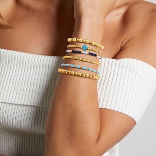 VIBILIA Gold Beaded Bracelets Set for Women 14K Gold Plated Dainty Pearl Cross Bracelet Stack Stretch Bracelet Set Fashion Accessories Gifts - color: 6P-#C-Blue
