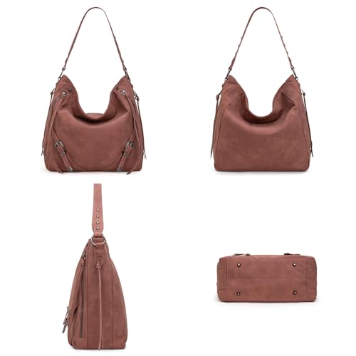 Wrangler Large Hobo Purses and Handbags for Women with Buckle and Fringe Zipper Faux Suede Shoulder Bag - color: Pink