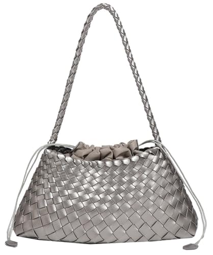 Woven Hobo Bags for Women Suede Woven Tote Bag Trendy Bucket Purse Underarm Shoulder Bag Vintage Tote Handbag Clutch Purses - color: Silver Grey