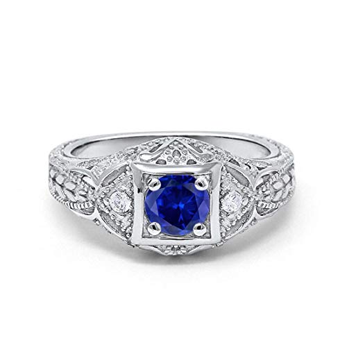 Blue Apple Co. Art Deco Ring Round Cubic Zirconia Leaf Filigree Design Split Shank Twisted Band Bridal Statement Wedding Engagement Rings For Women 925 Sterling Silver Gifts For Her - color: Simulated Blue Sapphire