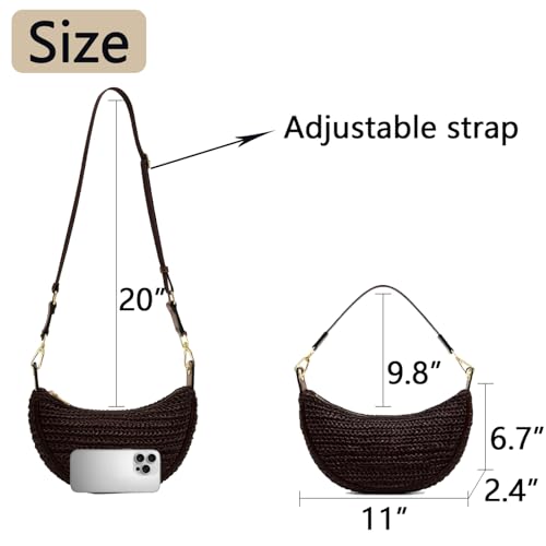 Straw Crossbody Bags for Women Crescent Woven Shoulder Handbag Summer Beach Hobo Purses with Adjustable Strap - color: Black Coffee