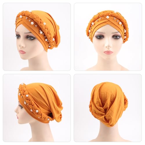 African Women Turban Caps Pre-Tied Twisted Turbans Head Scarf for Women Hair Wraps Cover Beanie Cancer Chemo Headwear - color: 1 Pack Twisted Braid: Pearls Ginger
