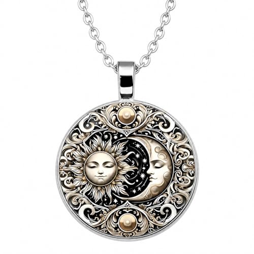 1pc Stunning Round Pendant Necklace - Unique Sun & Moon Pattern, Oil Painting Style Glass Mosaic, Alloy Construction, Trendy Sweater Chain, Fashionable Gift for Women - Christmas or Birthday Gift - color: Gray Moon (Silver)