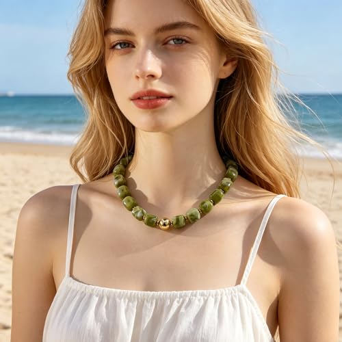 Chunky Beaded Necklace for Women Boho Colorful Statement Choker Necklaces Summer Beach Resin Jewelry Accessories - color: Lime Green