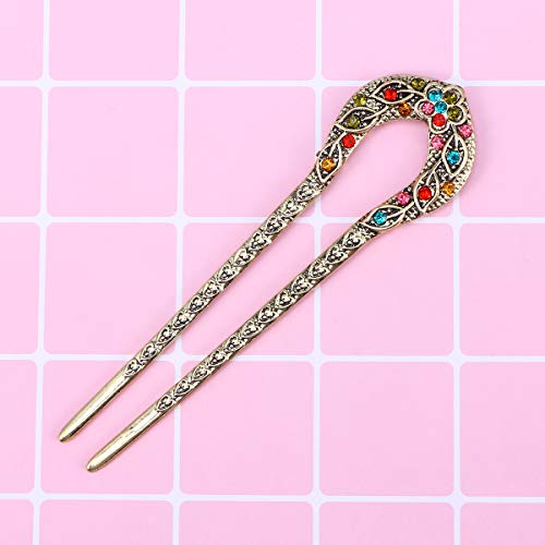 Double Prong Hair Pin U Shaped Crystal Chignon HairPin Stick Hairstyle Accessory for Women Girls(Colorful) - color: Colorful