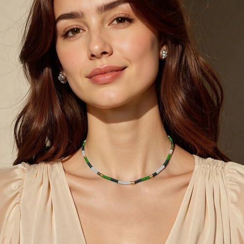 Beaded Gemstone Necklaces for Women Colorful Boho Choker Necklace Beauty And Spirit For Women (blue-silver) - color: green