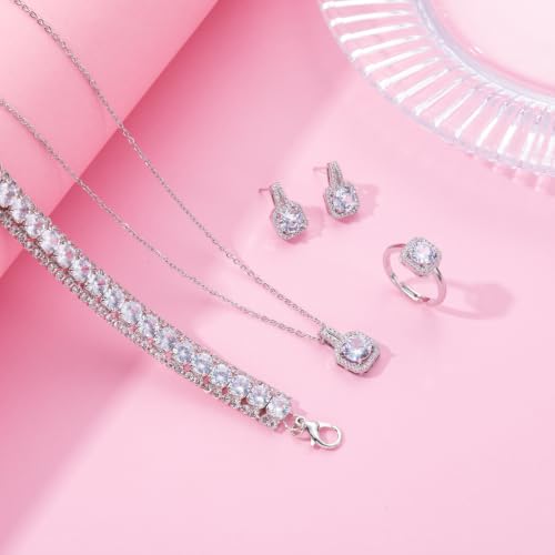 Paxuan 4pcs Cubic Zirconia Wedding Jewelry Sets for Bride Bridesmaid Cubic Zirconia Pendant Necklace Earrings Link Tennis Bracelet Open Ring Set for Women - color: Platinum Plated White Cubic Zirconia