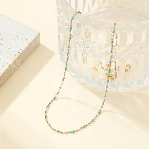 NONAMOIS Gold Chain Necklace for Women Dainty 18K Gold Plated Thin Satellite Beaded Turquoise Necklace Simple Layered Boho Jewelry Christmas Gifts - color: Green Beads-Gold