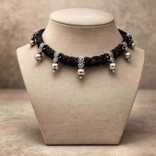 athizay Boho Charm Thread Choker Necklace – Braided Bohemian Choker with Oxidized Silver Dangle Charms | Handmade Boho Jewelry for Women - color: Black, Silver