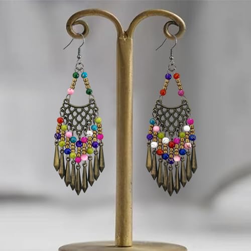 Handmade Vintage Bronze Bohemian Long Tassel Colorful Bead Dangle Drop Earrings Big Tribal Chandelier Geometry Hook Earrings for Women Statement Jewelry Gifts - color: Color