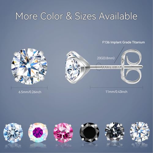 Moissanite Stud Earrings, G23 Hypoallergenic Titanium Stud Earrings for Women Men, Round Cut D Color VVS1 Clarity 18K White Gold Palted Multicolor Moissanite Jewelry, 0.6CT-3.0CT - color: White, size: (1.0ct*2)-6.5mm-2.0 Carat