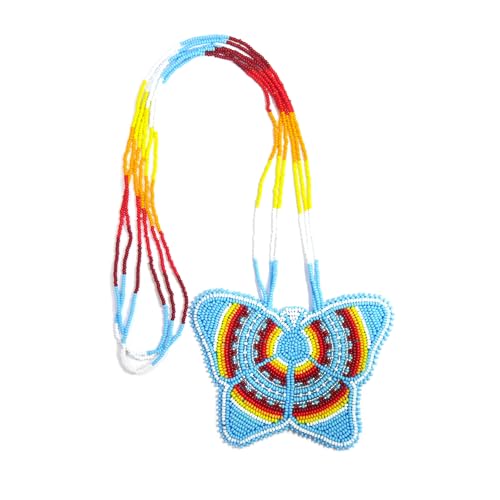 Handmade Native American Style Tribal ethnic Seed Bead Beaded Layered Medallion Necklace #1 - color: Butterfly Skyblue
