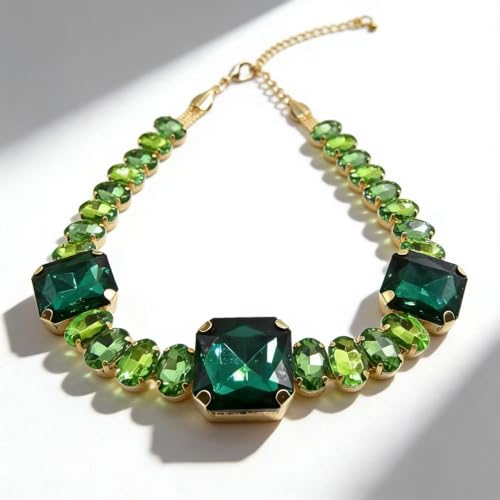 Fashionable Chunky Plated Tennis Rhinestone Statement Necklace Jewelry Set for Women Multicolor gem necklace with Great Sparkle and Shine Design for Women to Easy Match - color: emerald big rhinestone