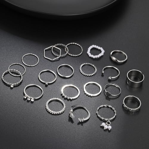 22 Pcs Gold Vintage Knuckle Rings Set for Women,Stackable Boho Finger Rings Hollow Out Design Adjustable Ring Pack for Women - color: Silver