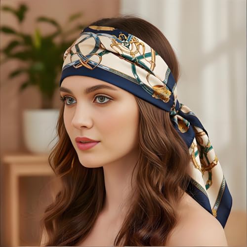 Premium Floral Scarf for Women 35x35 Square Silk Feel-Lightweight Scarves Headscarf Bandanas Wrapping Handbag - color: Golden Intertwined Chains