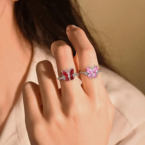 Bestyle 925 Sterling Silver Butterfly Ring Hypoallergnic Adjustable Birthstone Rings for Women Butterfly Jewelry Gifts for Anniversary Mothers' Day Birthday - color: 10.October (Rose Quartz)-Ring