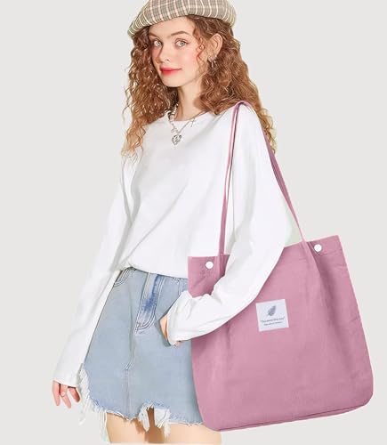 Corduroy Tote Bag for Women Small Canvas Shoulder Purse Cord Handy Bag with Inner Pocket | with Front Pocket - color: 02 Pink