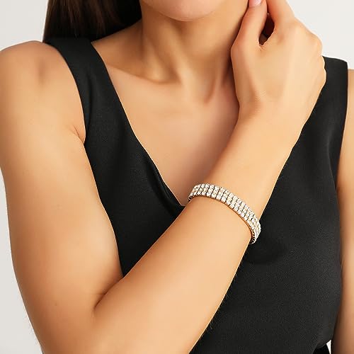 Zealmer Sparkle Multicolor Rhinestone Stackable Stretch Bracelets for Women - color: 3 Row Gold Bracelet