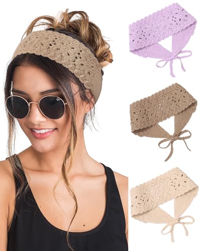 HAIMEIKANG Hippie Hair Bandana Headbands for Women Boho Headband Knit Hair Bands Floral Head Wrap for Women and Girls(light purple+beige+khaki) - color: light purple+beige+khaki