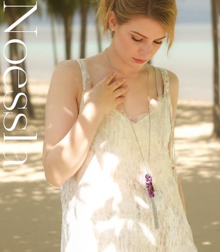 Noessla Boho Long Pendant Necklaces for Women Silver Tassel Long Necklace Sweater Chain Mothers Day Gifts Silver Costume Jewelry for Women - color: 81-Purple