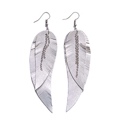 Black shiny Leather Feather Earrings for Women, Lightweight Minimal Boho Dangle Earrings, Small Simple Everyday Jewelry - color: light grey metallic