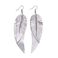Black shiny Leather Feather Earrings for Women, Lightweight Minimal Boho Dangle Earrings, Small Simple Everyday Jewelry - color: light grey metallic