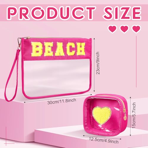 Hillban 2 Pcs Beach Makeup Bag Clear Cosmetic Toiletry Pouch Chenille Letter Patch Bags Preppy Summer Waterproof PVC Travel Purse Snack Portable Storage for Women - style: Beach Theme