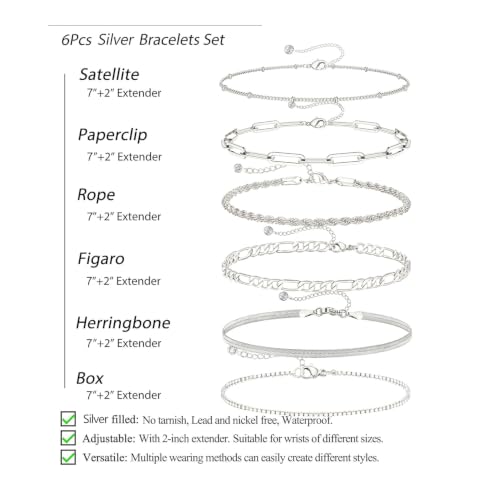 DEARMAY Sterling Silver Plated Bracelets Set for Women Waterproof, Non Tarnish Sterling Silver Link Chain Bracelets Pack Dainty, Fashion Jewelry Gifts for Everyday Comfortable - color: 6Pcs Silver Bracelet A