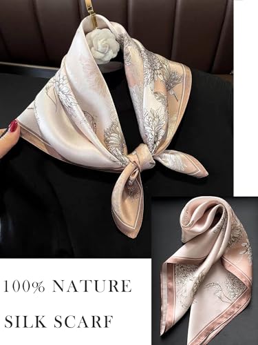 100% Mulberry Silk Scarf for Women Hair Lightweight Square Neckerchief Wrap For Head Scarves 21" - color: 16-soft Pink Daisy /21"*21"
